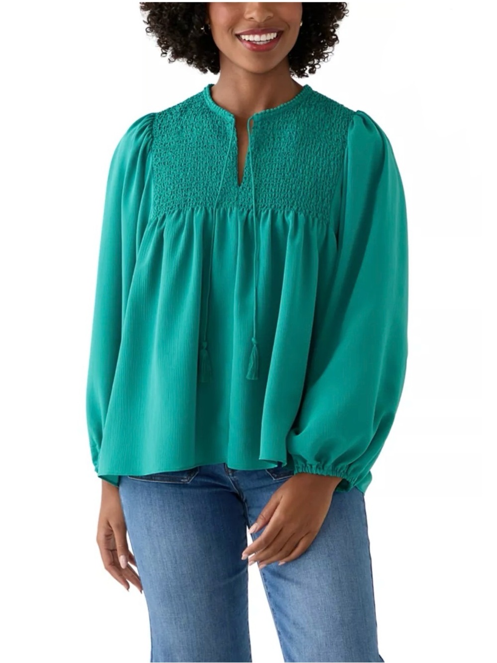 Philosophy Deep Jade Blouson Sleeve Top with Smocking